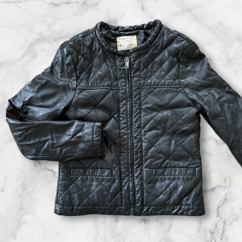 ZARA Girls Soft Collection Outerwear Quilted Pleather Jacket Size 11 - 12 Black